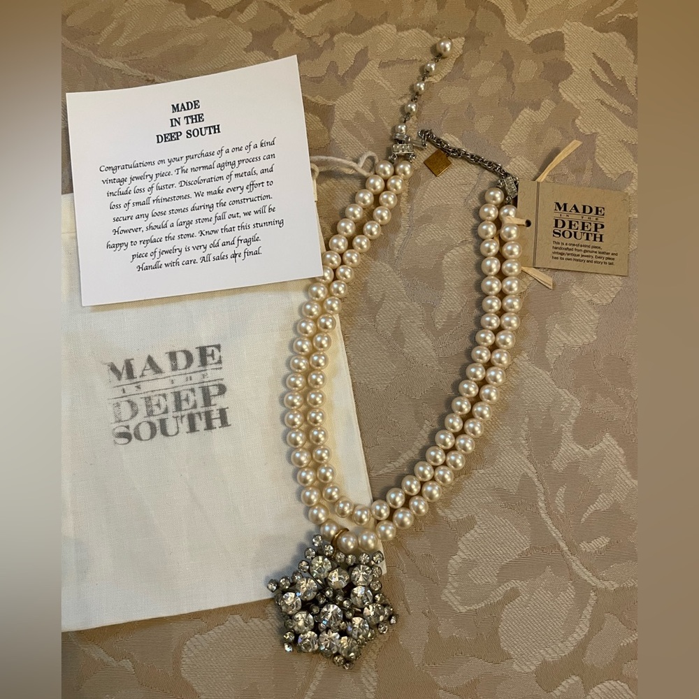 Made in the Deep South OOAK Vintage Faux Pearl Necklace with Rhinestone Brooch